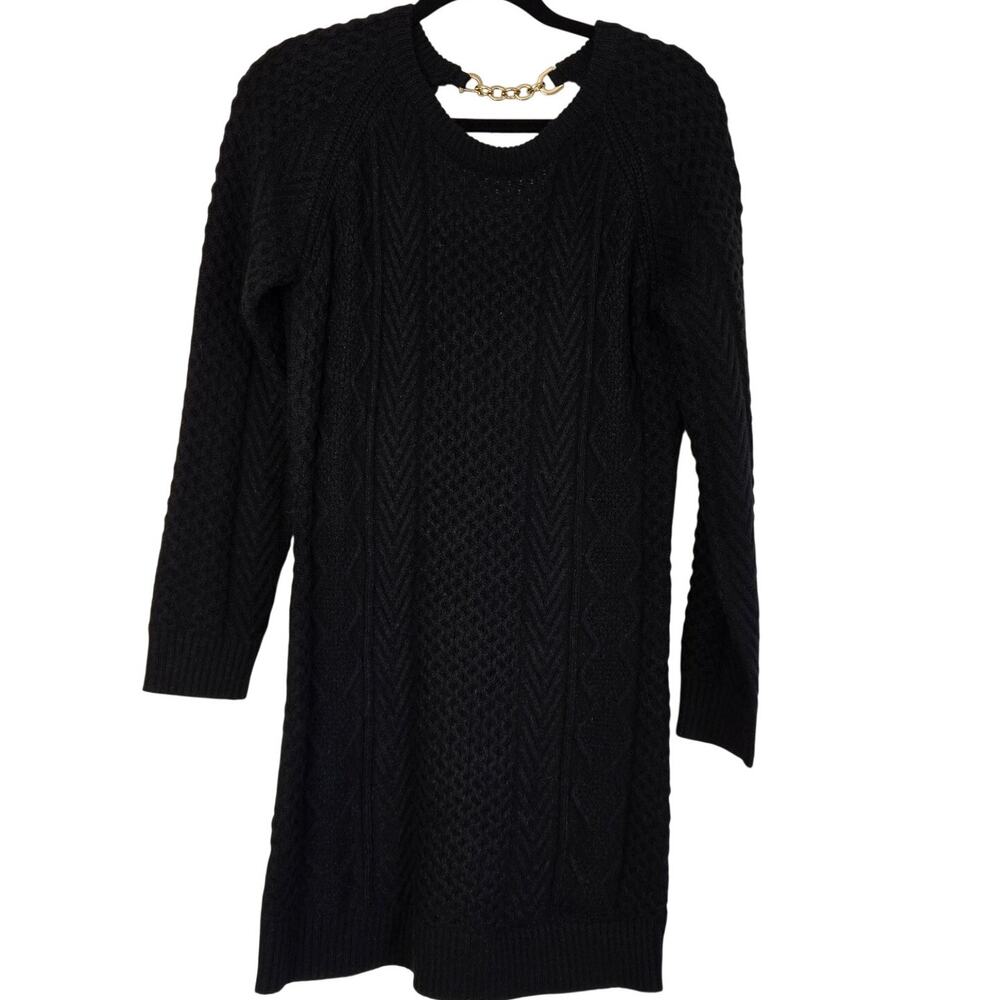 Leyden Black Cable Knit Sweater Dress Open Back Gold Chain Detail NWT Large